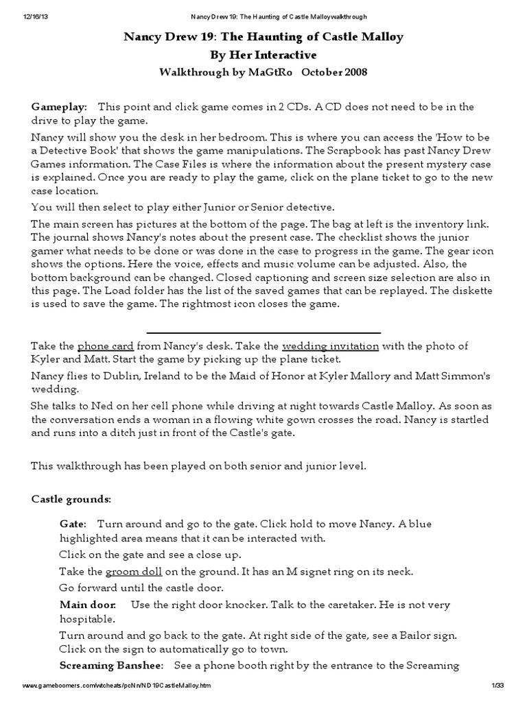 Nancy Drew 19 The Haunting of Castle Malloy Walkthrough PDF