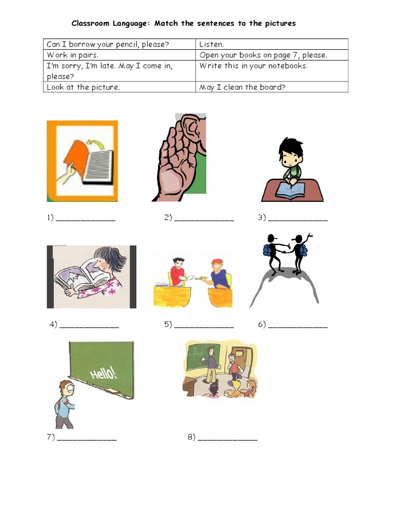 Classroom Language: Match The Sentences To The Pictures | PDF | Foreign ...