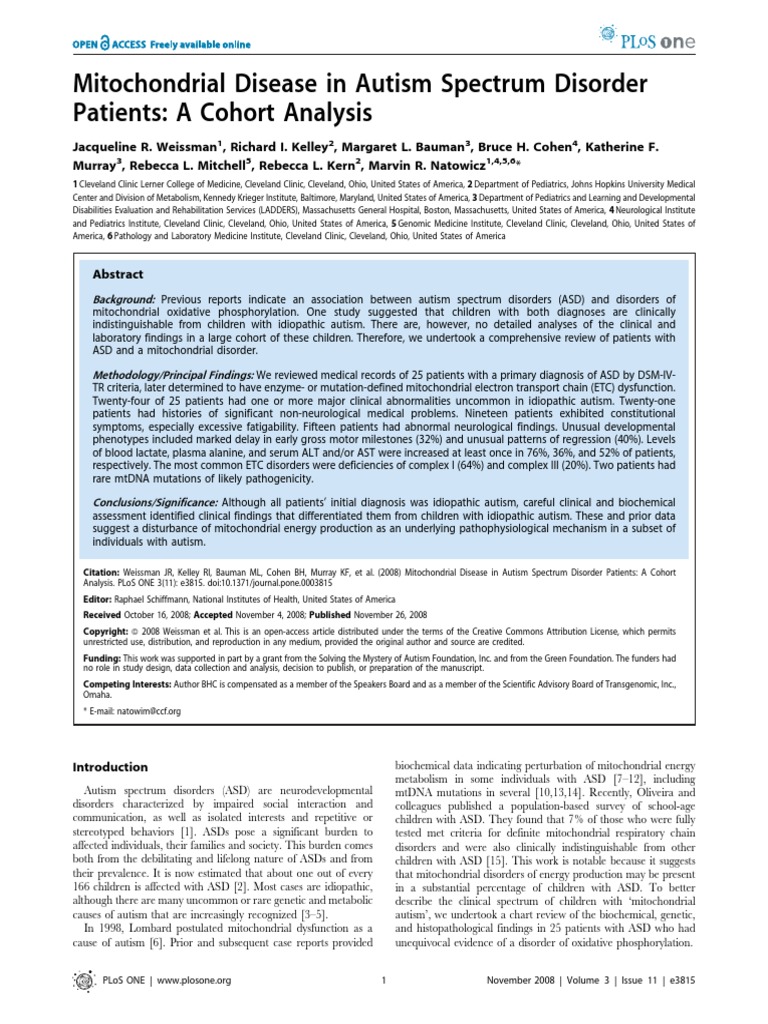 Mitochondrial Disease in Autism Spectrum Disorder Patients: A Cohort ...