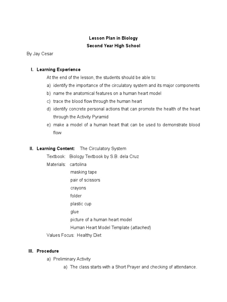 Lesson Plan in Biology Second Year High School | PDF | Circulatory ...