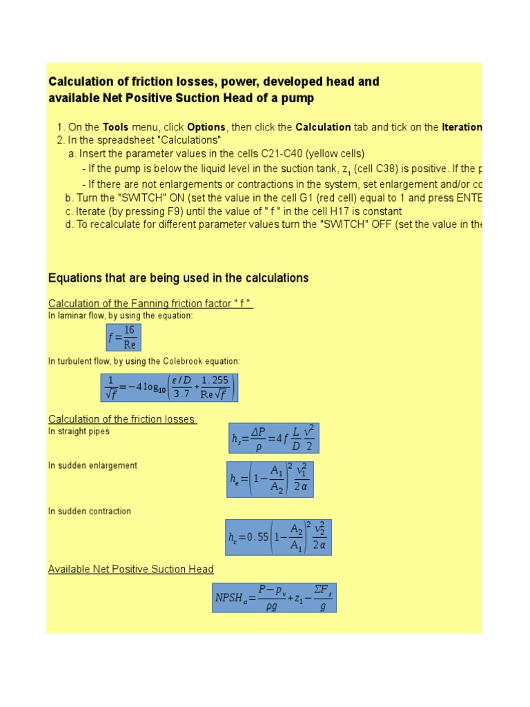 Calculation of Friction Losses, Power, Developed Head and Available Net