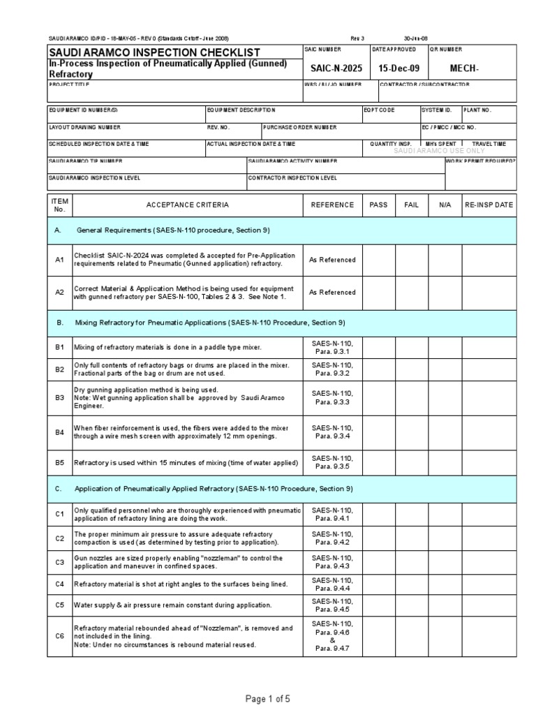 Saudi Aramco Inspection Checklist | PDF | Refractory | Nature