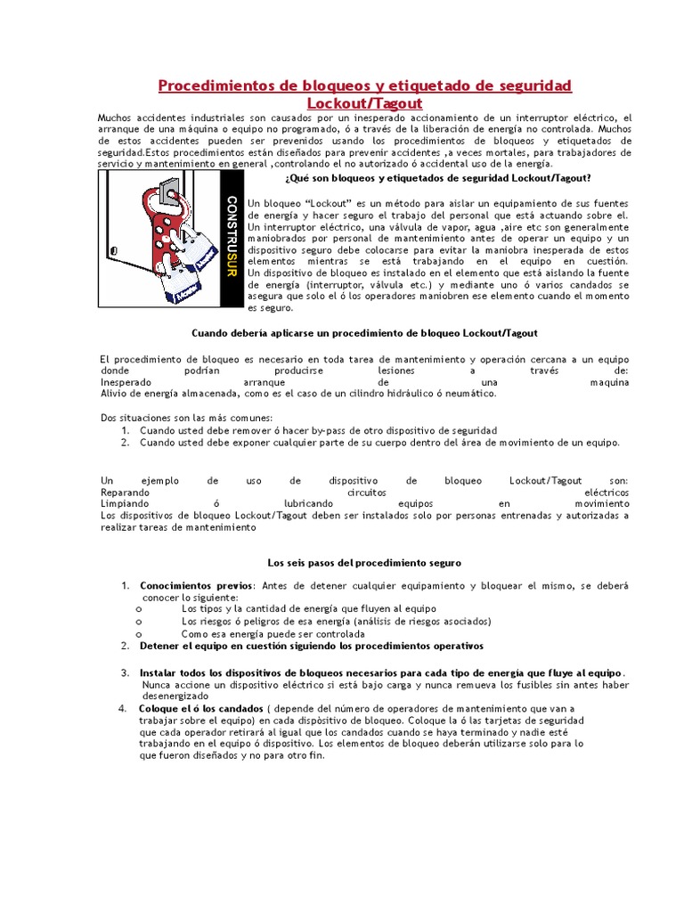 Procedimientos de Bloqueos y Etiquetado de Seguridad Lockout | PDF ...