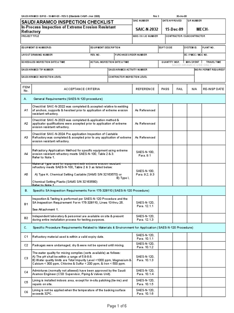 Saudi Aramco Inspection Checklist | PDF | Refractory | Nature