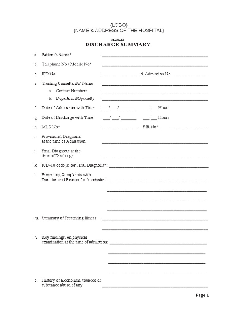 Standard Hospital Discharge Summary Format | PDF