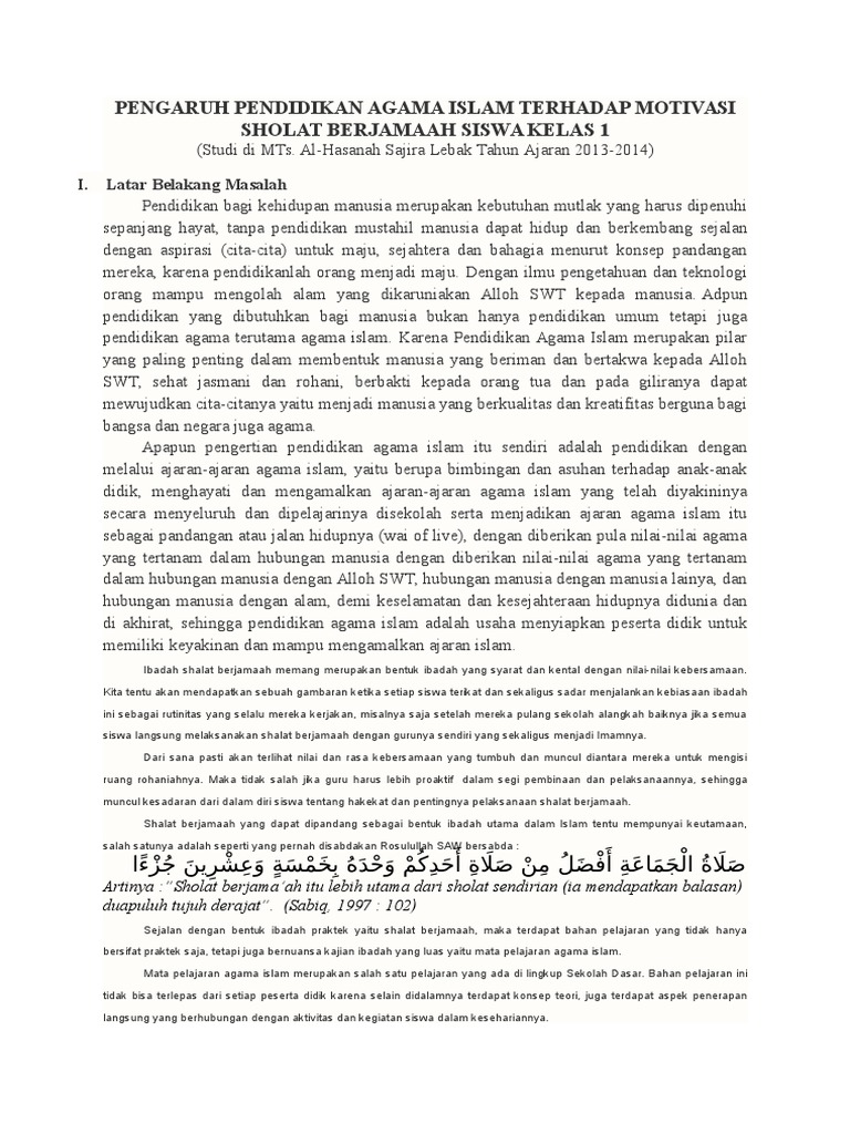 Pengaruh Pendidikan Agama Islam Terhadap Motivasi Sholat Berjamaah Siswa Kelas 1 Pdf