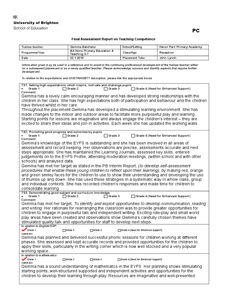 pc final assessment report Educational Assessment Teachers