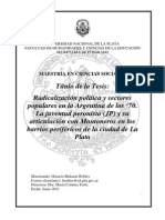 Radicalización Política y Sectores Populares en La Argentina de Los 70. La Juventud Peronista (JP) y Su Articulación Con Montoneros en Los Barrios Periféricos de La Ciudad de La Plata, Horacio