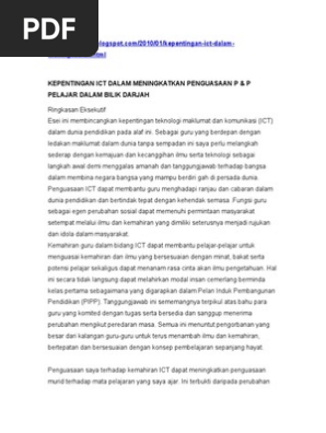 Kepentingan Ict Dalam Meningkatkan Penguasaan P P Pelajar Dalam Bilik Darjah Pdf