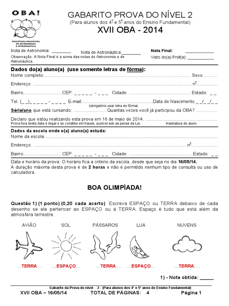 Gabarito Prova OBA Nível 2 - 2014 | PDF | Netuno | Urano