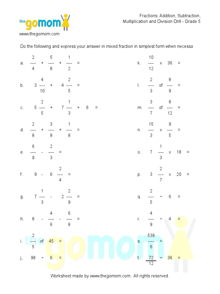 Grade 5 Fractions Worksheet | PDF | Teaching Methods & Materials ...