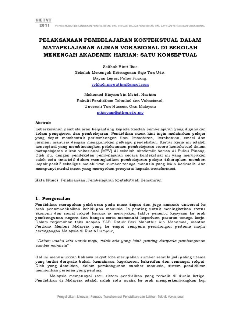Pelaksanaan Pembelajaran Kontekstual Dalam Matapelajaran Pdf