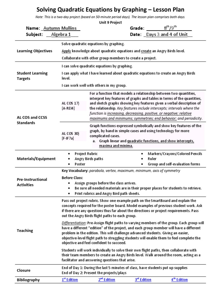 Project Lesson Plan Quadratic Equation Mathematical Concepts