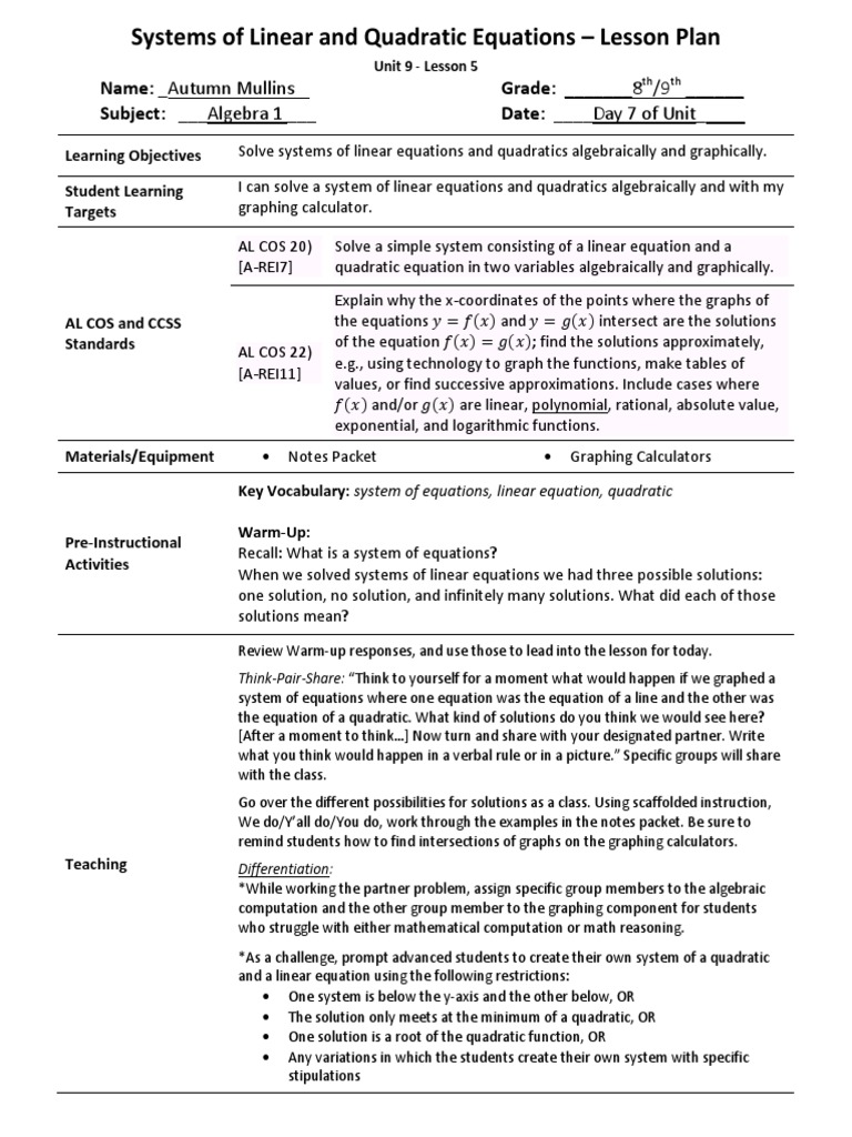 U9l5 Systems of Linear and Quadratic Equations Lesson Plan PDF