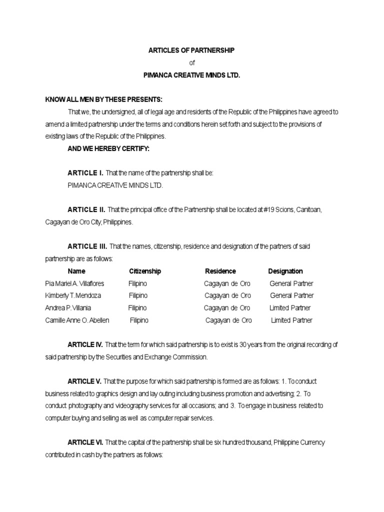 Articles of partnership sample philippines picture