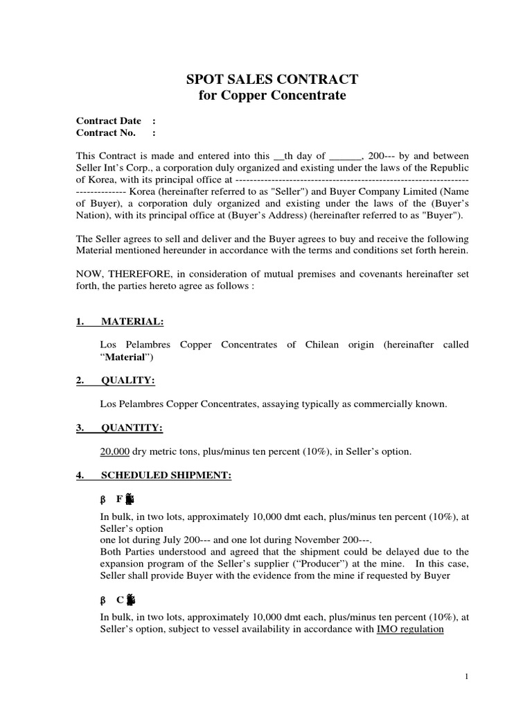 Sales Contract for Copper Concentrate Bill Of Lading Invoice