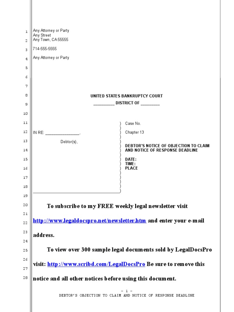 Sample Objection To Proof of Claim in United States Bankruptcy Court ...