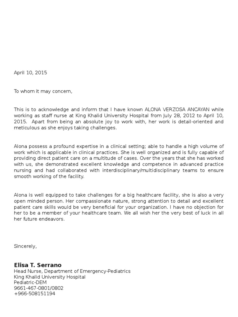 Employee Recommendation Letter Nurse