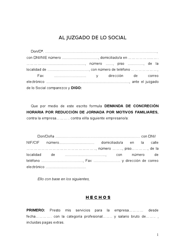 Demanda De Concrecion Horaria Por Reduccion De Jornada Pdf Demanda Judicial Evidencia Ley