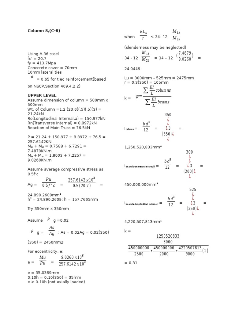 Column Design Calculations for C-8 | PDF