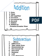 Sum 2. Total 3. All Together 4. Increase 5. Increased by 6. Ascend 7. Added 8. Added To Greater/Greater Than