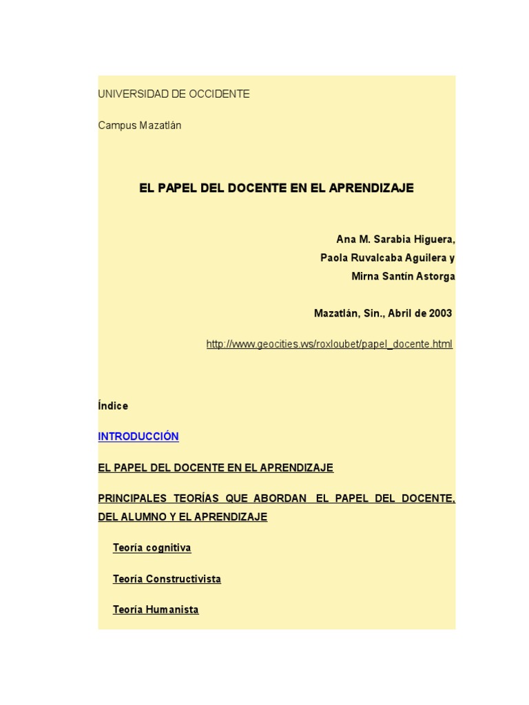 El Papel Del Docente en El Aprendizaje | PDF | Maestros | Aprendizaje