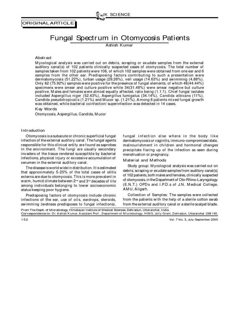 Fungal Spectrum in Otomycosis Patients: Originalarticle | PDF ...
