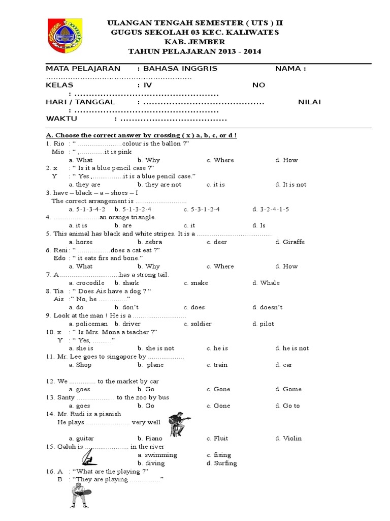 Ulangan Tengah Semester Uts Bahasa Inggris Kelas Iv Pdf Sports