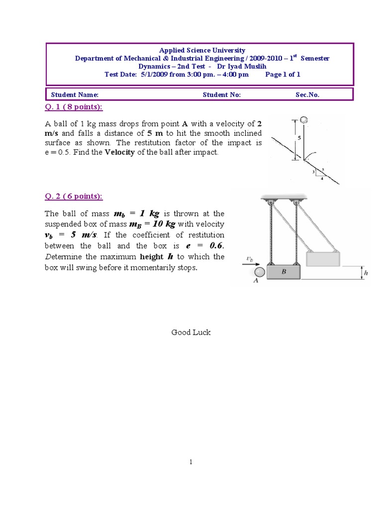 Dynamics Test Questions and Solutions | PDF | Friction | Force