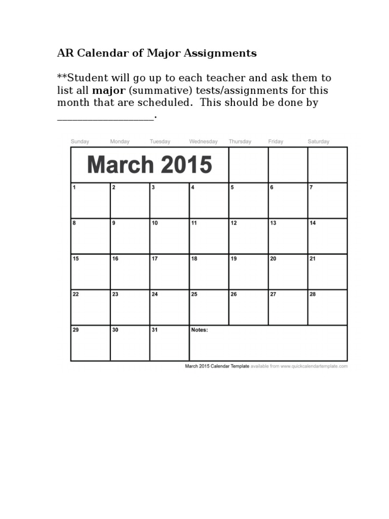 Major Assignments Calendar for Students | PDF