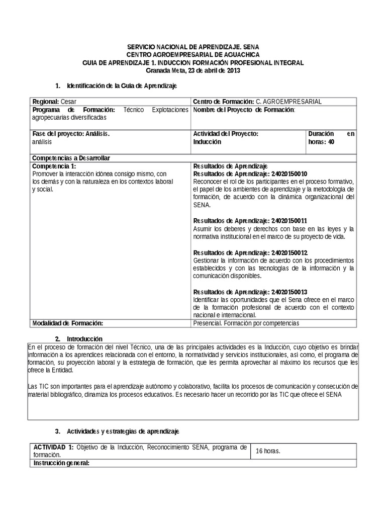 Guia de Aprendizaje Induccion Aprendices SENA 01 | PDF | Aprendizaje ...