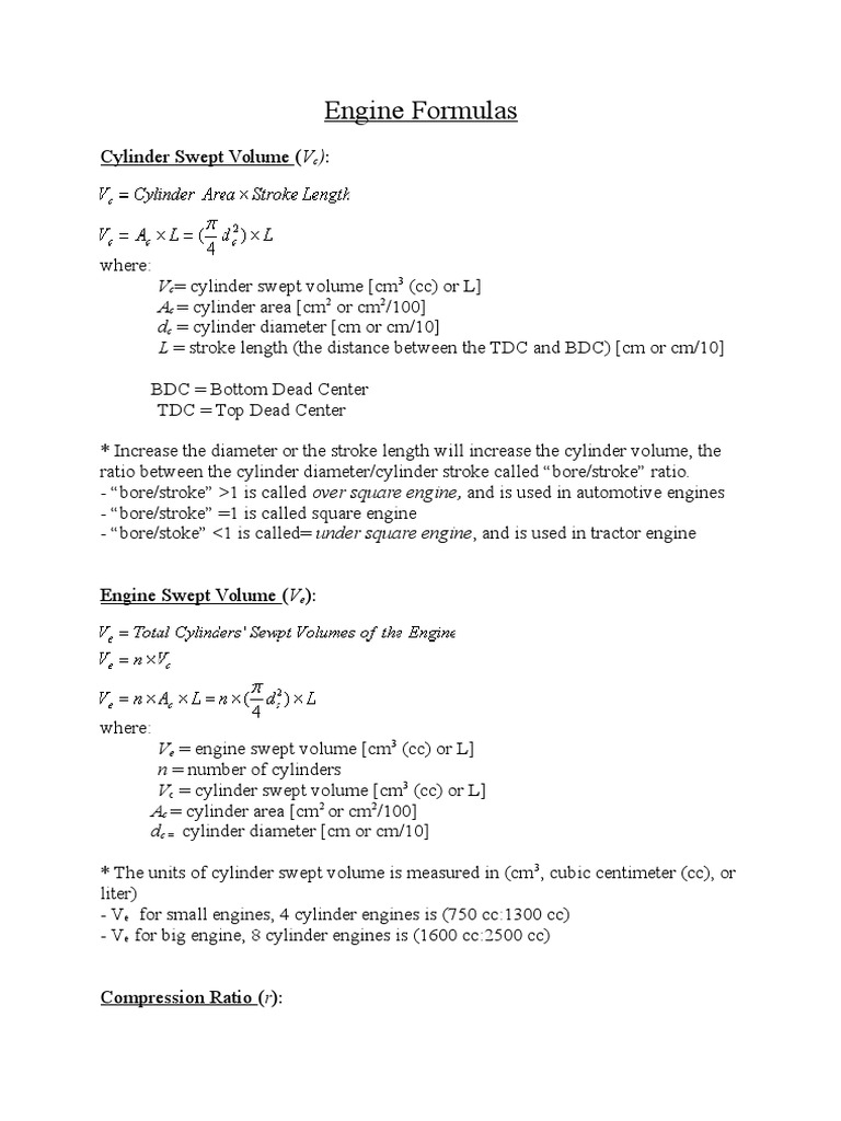 Engine Formulas PDF Cylinder (Engine) Engines