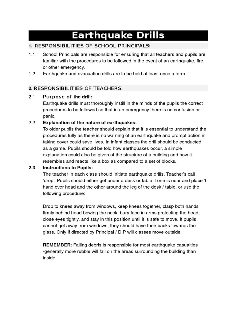 Earthquake Drills 1. Responsibilities of School Principals PDF