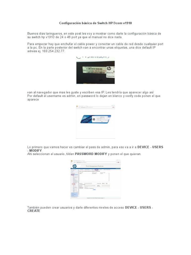 Configuración básica Switch HP v1910 | PDF