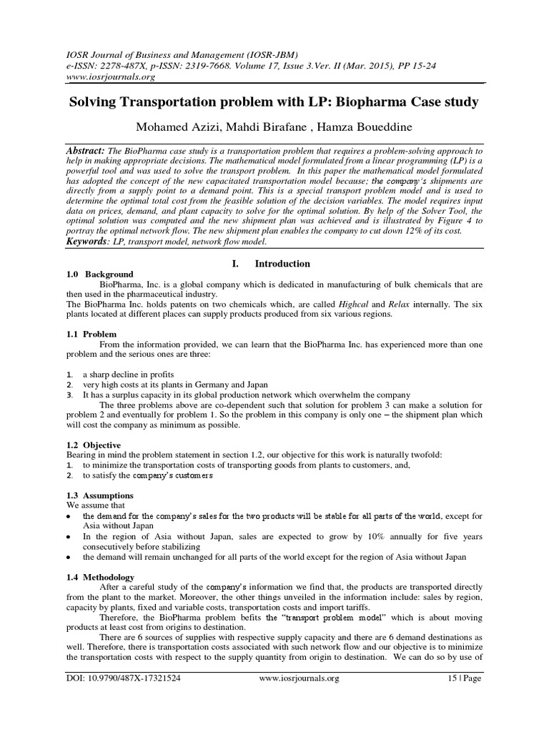 Solving Transportation Problem With Lp Biopharma Case Study Pdf