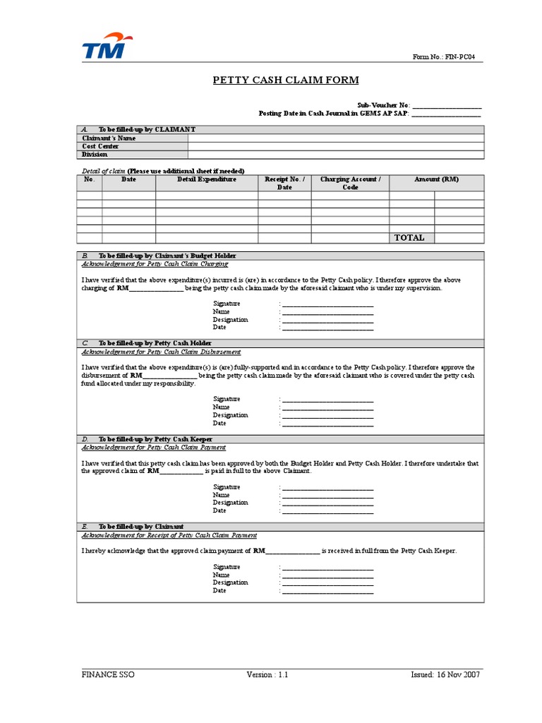 Petty Cash Claim Form | PDF | Finance & Money Management