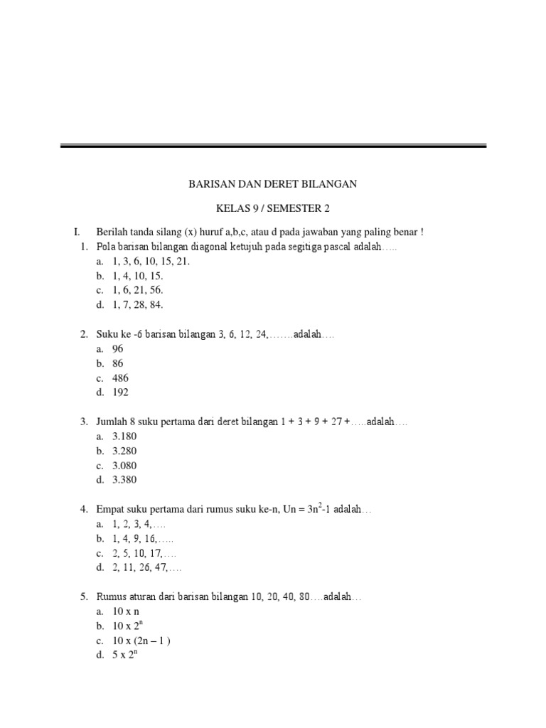 201085130 6 Latihan Soal Matematika Barisan Dan Deret Bilangan Kelas 9 Smp