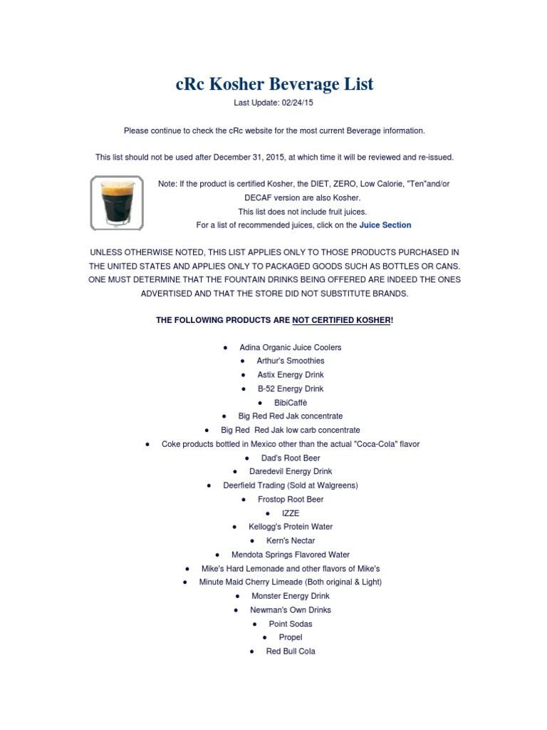 Kosher Beverage List Lemonade Cola