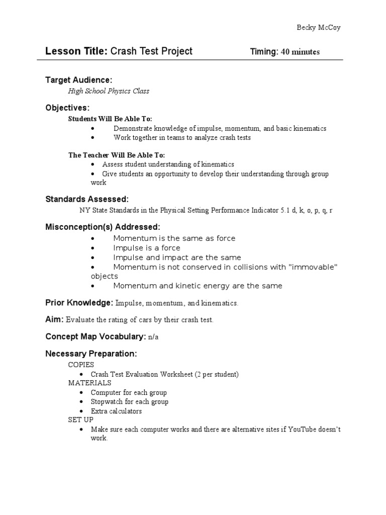 Momentum Crash Test Evaluation Momentum Physics