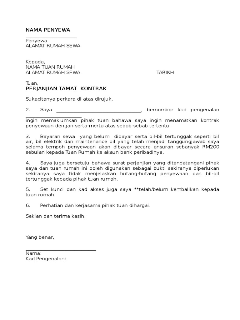 Contoh Surat Permohonan Tamat Kontrak Sewaan