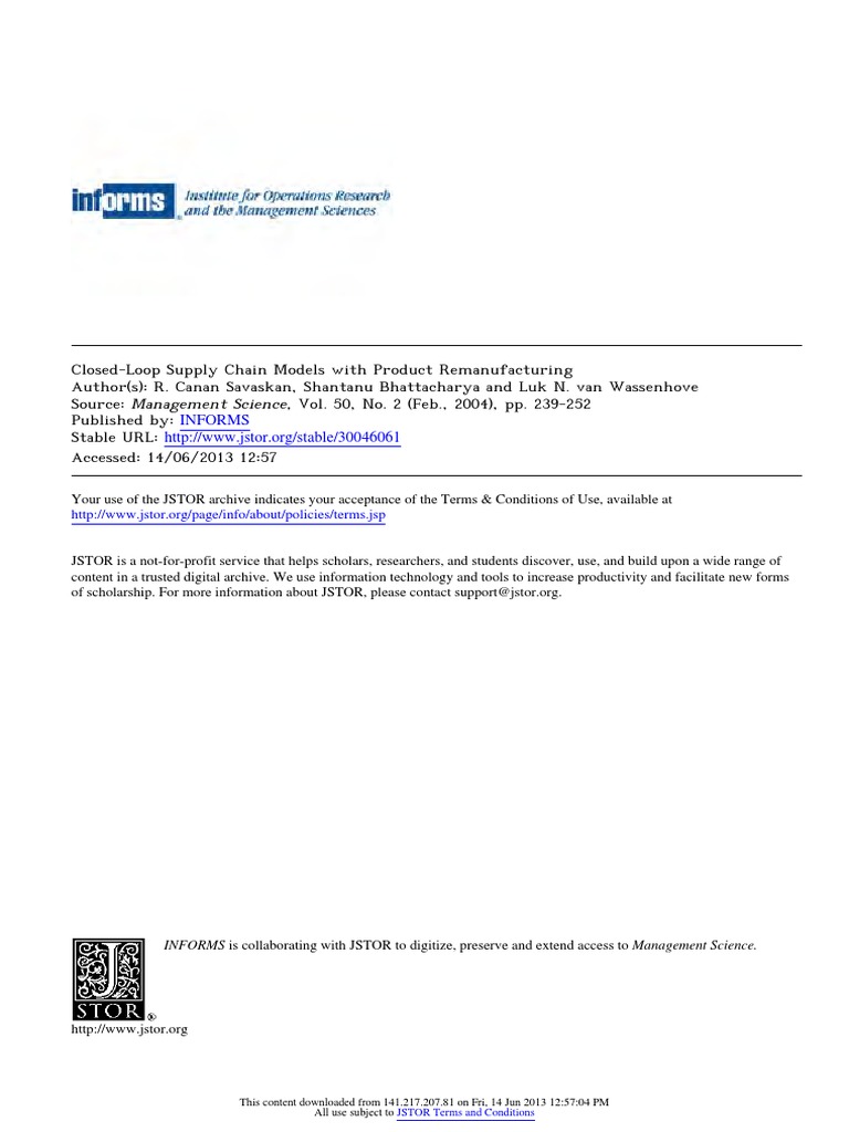 ClosedLoop Supply Chain Models With Product Remanufacturingn Models With Product