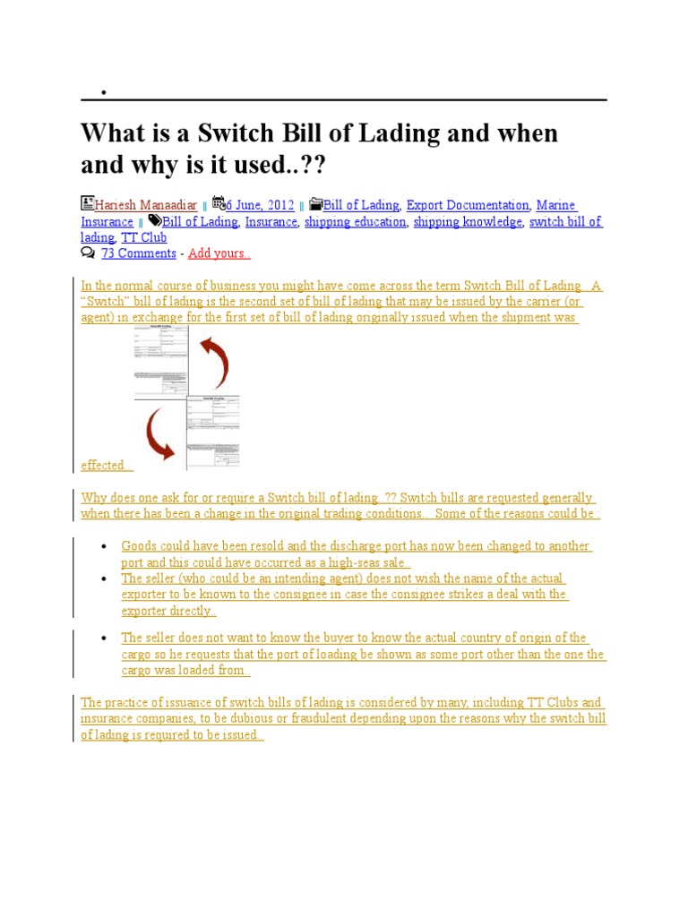 What is a Switch Bill of Lading and When and Why is It Used Bill Of