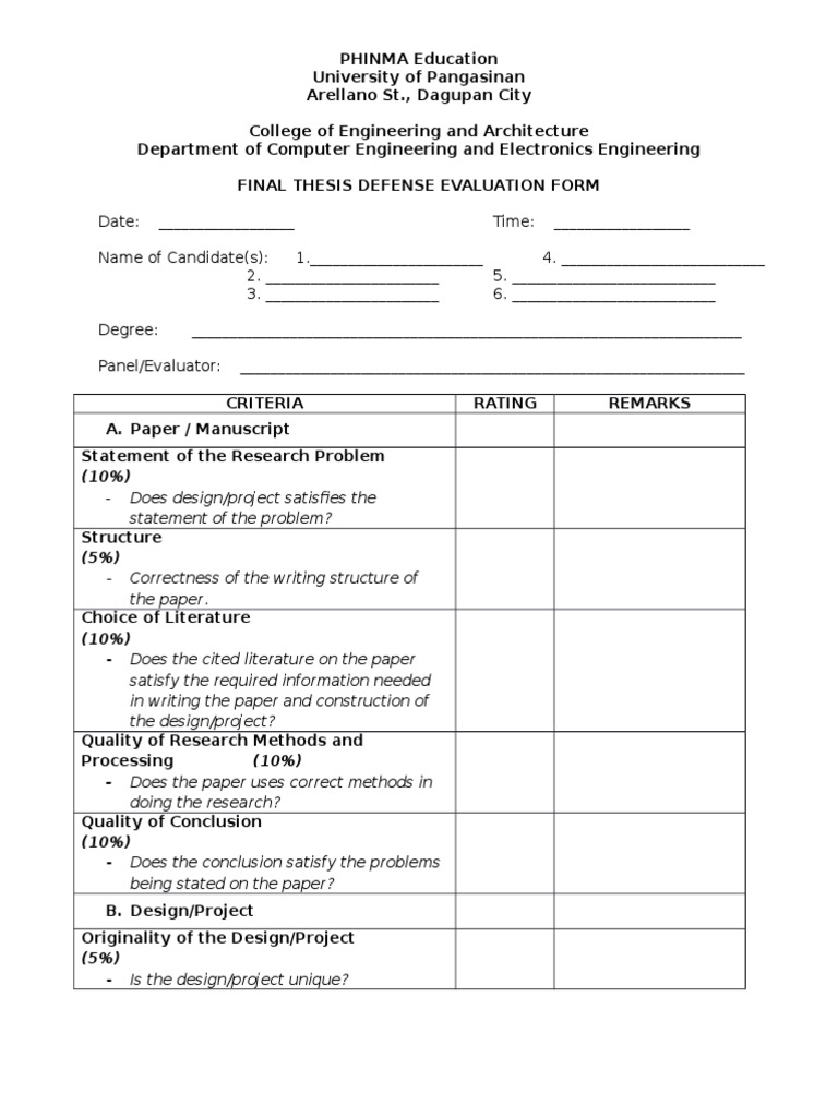 thesis evaluation form