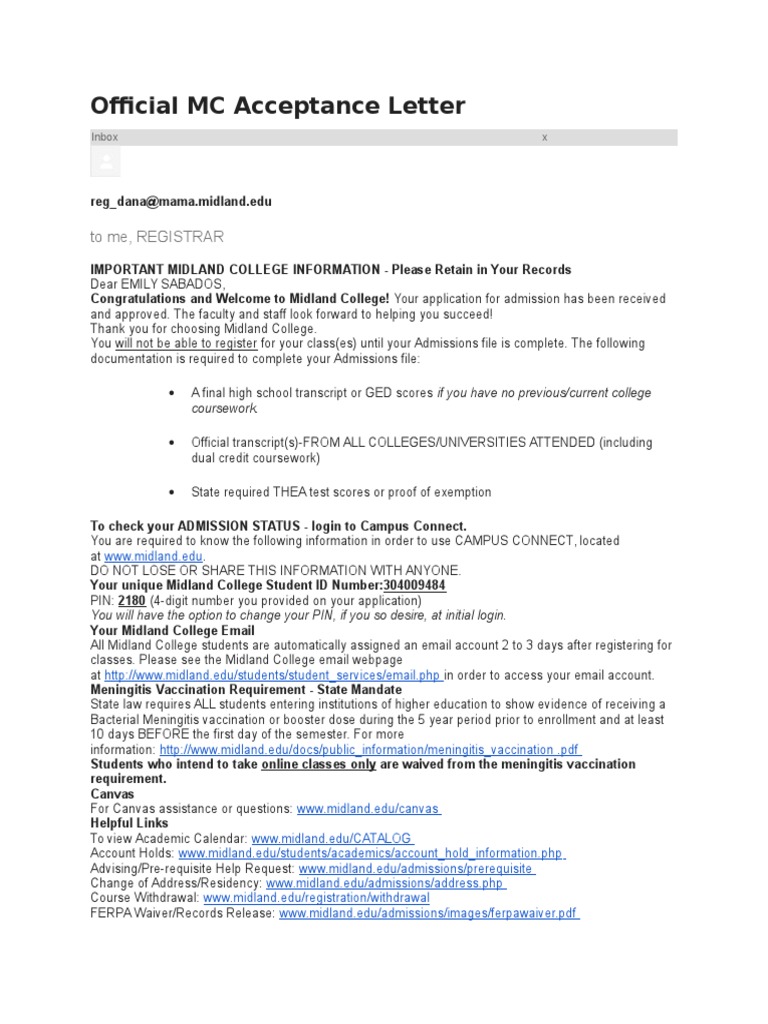 Official MC Acceptance Letter College Admissions In The United States