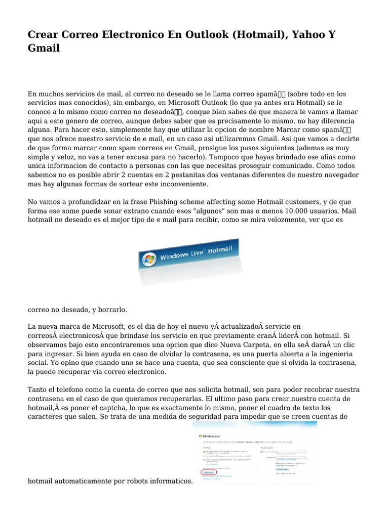 Crear Correo Electronico en Outlook (Hotmail), Yahoo Y Gmail | PDF ...
