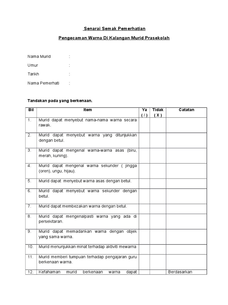 Contoh Senarai Semak Pemerhatian Prasekolah