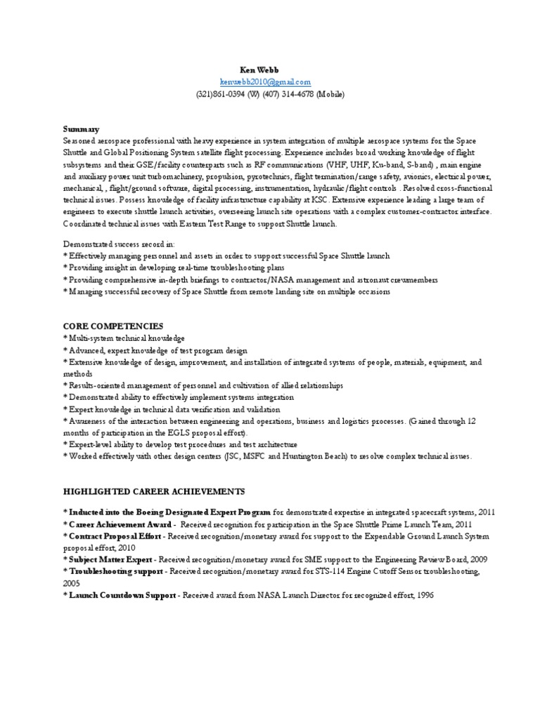 Senior Aerospace Defense Engineer in Orlando FL Resume Ken Webb | PDF ...