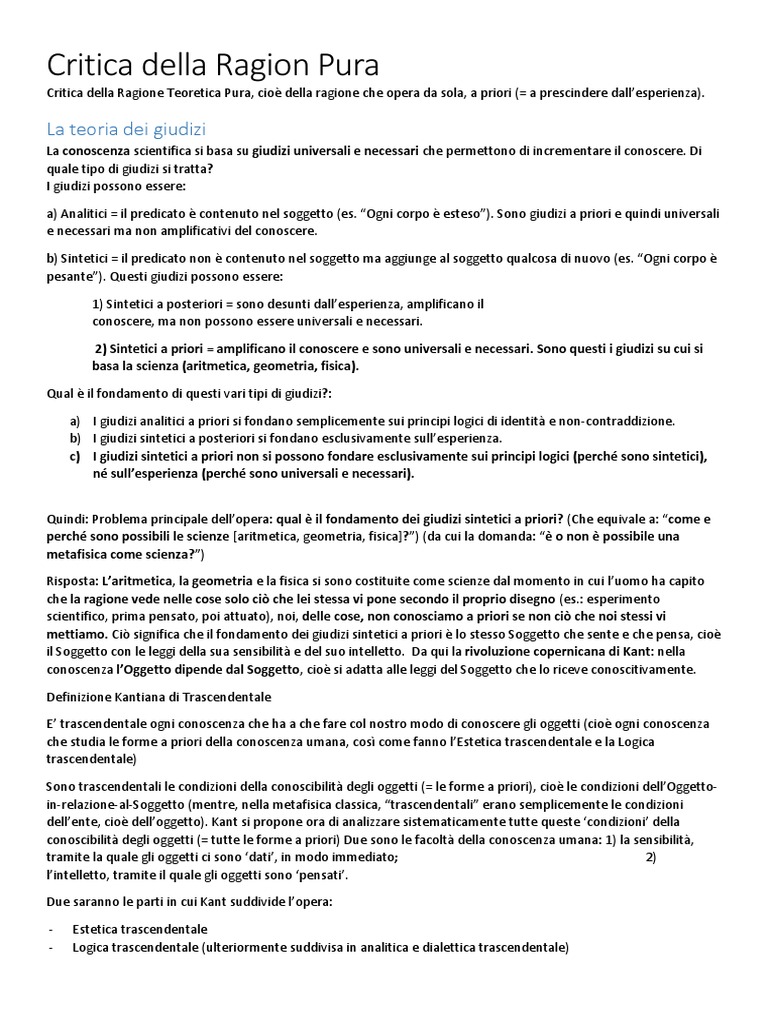 Critica Alla Ragion Pura Riassunto