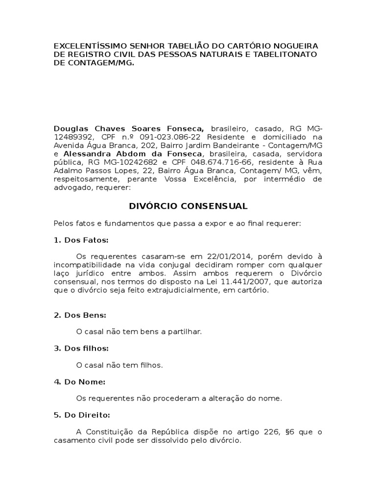 Modelo Petição de Divórcio Em Cartório Divórcio Parentesco e Descendência