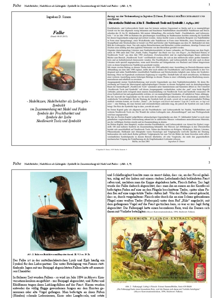 Ingraban D Simon Falke Nadelkissen Nadelbehalter Als Liebesgabe Symbolik Im Zusammenhang Mit Nadel Und Faden